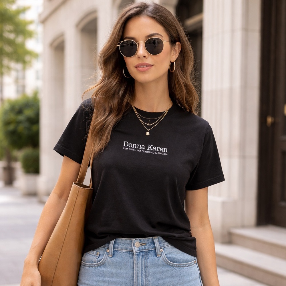 Donna Karan Black Crewneck Tee with White Logo